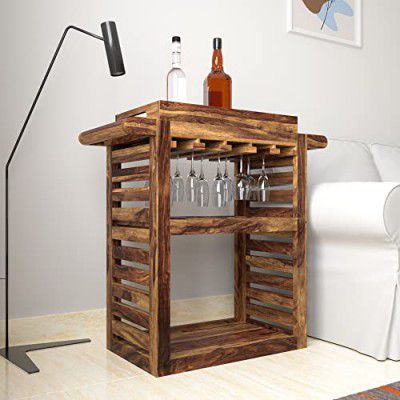 Amazon Brand - Solimo Enid Elegant Bar Trolley with 2 Shelves and Glass Holder (Solid Sheesham Wood, Natural Finish)