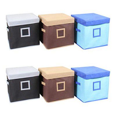 Amazon Brand - Solimo Fabric Storage Box with Lid, Medium, Set of 6, Multicolor