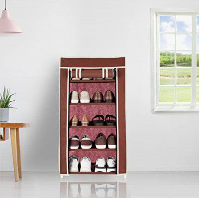 Amazon Brand - Solimo Foldable Shoe Rack, 5 Layer, Brown, Premium