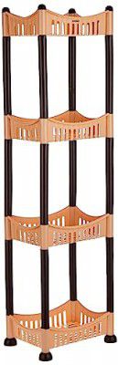 Amazon Brand - Solimo Four-Tier Multipurpose Plastic Rack for Kitchen, Living Room, Bathroom (Concave, Beige and Brown)