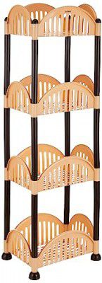 Amazon Brand - Solimo Four-Tier Multipurpose Plastic Rack for Kitchen, Living Room, Bathroom (Convex, Beige and Brown)