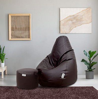 Amazon Brand - Solimo Leatherette 2XL Bean Bag with Footrest, Ready to Use, Filled with Beans (Brown)