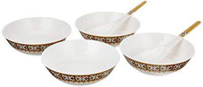 Amazon Brand - Solimo Majestico Melamine Serving Bowls With Serving Spoons ( White , 7.5 In, Set Of 4), 950 milliliter