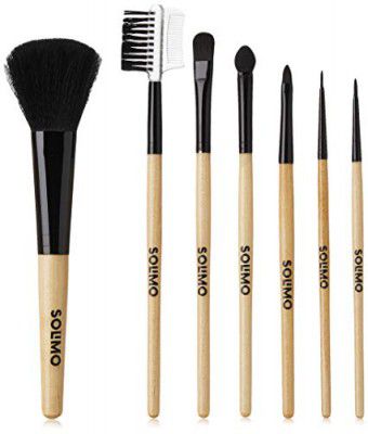 Amazon Brand - Solimo Makeup Brushes with Wooden Handle, Set of 7