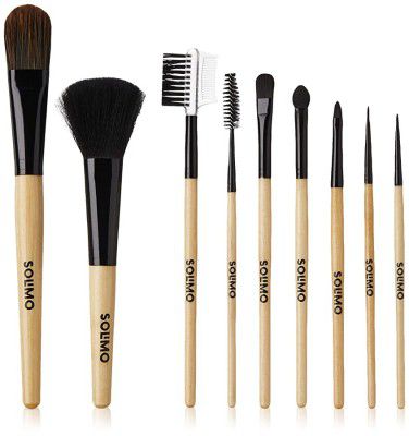 Amazon Brand - Solimo Makeup Brushes with Wooden Handle Set of 9