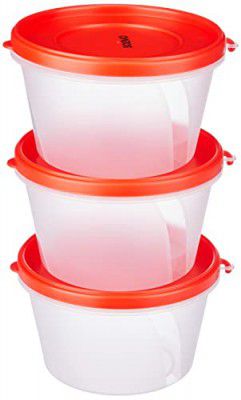 Amazon Brand - Solimo Nestable & Stackable Polypropylene Container Set, Round, 750 ml, Set of 3, Red