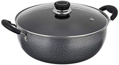 Amazon Brand - Solimo - NON STICK KADHAI WITH GLASS LID (26 CM, HAMMERTONE FINISH, 3 COAT, 2.9 MM THICKNESS) |Black