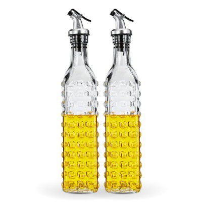 Amazon Brand - Solimo Oil Dispenser with Spout; Leak-proof, Dust-proof, Messy-pour-free, Silica Glass, Dotted Design, Set of 2, 500 ml (Transparent)