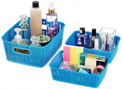 Amazon Brand - Solimo Plastic 3 Piece Storage Basket Set, Blue