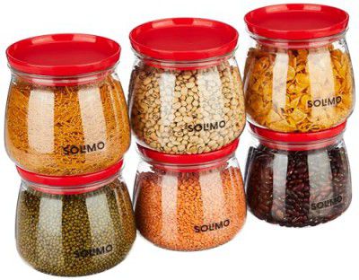 Amazon Brand - Solimo Plastic Storage Jar and Container Set I Air Tight & BPA Free Containers for Kitchen Storage Set I Grocery Kitchen Container Set I Multipurpose Jar, 800 Ml Each, Set 6, Red