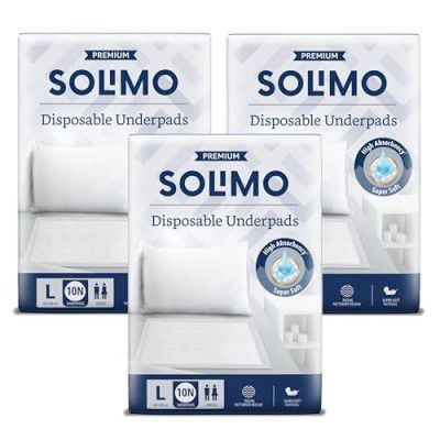 Amazon Brand - Solimo Premium Underpads, Large (Size: 90 X 60 cm), Unisex, High Absorbency, Super soft, Pack of 30 (10 Units x 3 Packs)