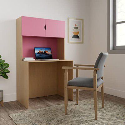 Amazon Brand - Solimo Raches Study Table with Pinup Board and 2 Cupboards (Engineered Wood, Intal Beech and Pink Finish)