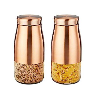 Amazon Brand - Solimo Rose Gold Tapered Glass Jar | Multipurpose Kitchen Organizer with See-Through Window | 1800 ml Set of 2