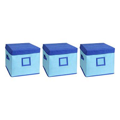 Amazon Brand - Solimo Square Fabric Storage Box with Lid, Set of 3, (Medical Blue and R. Blue, Medium)