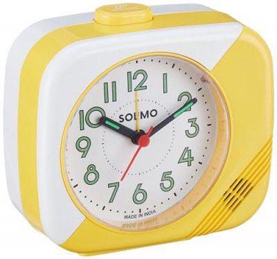 Amazon Brand - Solimo Table Alarm Clock | 4-Step Volume with Lighting and Night Glow | White and Yellow