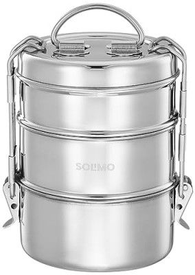 Amazon Brand - Solimo Tiffin Container with Retractive | Space-Saving Handles | Stainless Steel | 3 Compartments