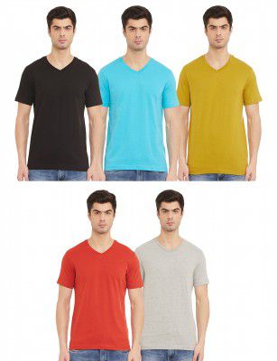 Amazon Brand - Symbol Men's Cotton Solid V-Neck Regular Fit T-Shirt (Pack of 5)