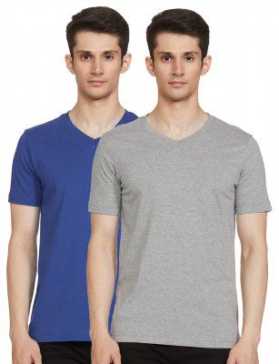 Amazon Brand - Symbol Men's Cotton T Shirt | Round Neck | Half Sleeve | Plain | Combo Pack of 2 - Regular Fit (Available in Plus Size) (Fox Blue & Mid Grey Melange_S)