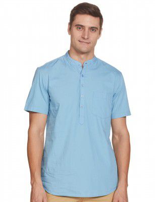 Amazon Brand - Symbol Men's Solid Regular Band Collar Half Sleeve Casual Shirt (SY-S22-CS-03_Blue plckt S)