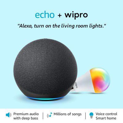 Amazon Echo Dot (4th Gen, Blue) with clock combo with Wipro 9W LED smart color Bulb