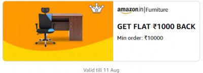 Get Flat ₹1000 back on Minimum order of ₹10000 on Furniture