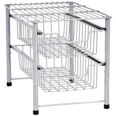 AmazonBasics 2-Tier Sliding Drawers Basket Storage Organizer, Silver, Stainless Steel, Pack of 1