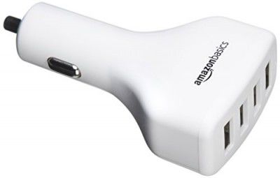 AmazonBasics 9.6 Amp/48W 4-Port USB Car Charger for Apple & Android Devices, White