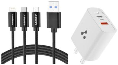 Ambrane 20W Dual Output Fast Charger/Adapter  QC & PD Technology for iPhone, Android (RAAP H11, White) with Ambrane 3 in 1 Lightning, Type C, Micro USB Cable