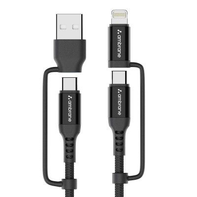 Ambrane 4-in-1 Type-C & Lightning Cable with 60W Fast Charging, 480Mbps Data Sync, PD Technology, Compatible with All Type-C and Apple Devices, 1.2m (ACQCS-12 Black)