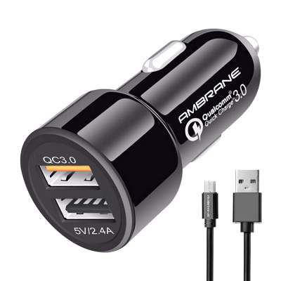 Ambrane 5.4A Dual USB Rapid Car Charger (Qualcomm Certified) with 18W Quick Charge 3.0 + Micro USB Cable (ACC-11QC-M, Black)