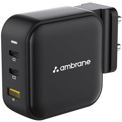 Ambrane 65W Charger Adapter, 3 Ports - 2 Type C & 1 USB Samsung, Type C Laptops: MacBook, Dell, HP, ASUS, Fast Charger with PD Technology & GaN Technology for All Devices (RAAP G65, Black)