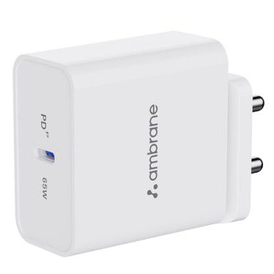 Ambrane 65W Type C Port Laptop & Mobile Charger Adapter for iPhone, MacBook Pro/Air, iPad, One Plus, Samsung & Other Type C Enabled Devices, Fast Charging PD Technology (RAAP H65, White)