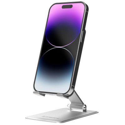 Ambrane Metallic Mobile Holder for All Smartphones, Tabs, Kindle, iPad Mobile Holding Tabletop Stand, 180 Perfect View, Height Adjustment, Foldable Design (Twistand Pro, Silver)