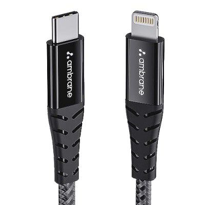 Ambrane Type-C to Lightning Cable, 22.5W Fast Charging, 480Mbps Data Sync Cable Compatible with iPhone, iPad, Macbook, iMac, AirPods, 1.25m (ABTL-125 Black)