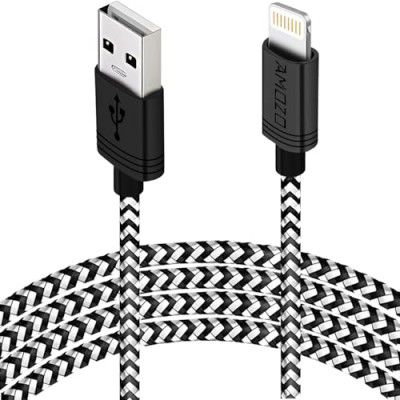 Amozo Nylon Braided Tough USB A to Lighting Fast Charging and Data Sync 480 MBPS Cable Compatible for iPhone 13, 12,11, X, 8, 7, 6, 5, iPad Air, Pro, Mini (1 Meter, USB A to Lightning, Black/White)