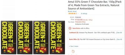 Amul 55% Green-T Chocolate Bar, 150g [Pack of 4, Made from Green Tea Extracts, Natural Source of Antioxidant]