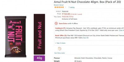 Amul Fruit N Nut Chocolate 40gm. Box (Pack of 20)