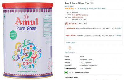 Amul Pure Ghee Tin 1L @ ₹150