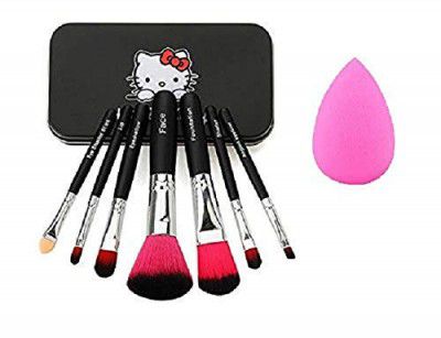 Angelie Makeup Brush With Storage Box and Sponge Puff- Black, Set of 7