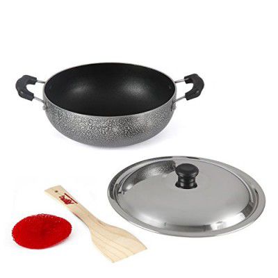 Anjali - DKD15 Aluminium Non-Stick Kadhai with Lid, 1.5 Litre, Black/Hamilton