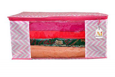 ANKIT INTERNATIONAL Garments Protector Zigzag Pink Print Saree cover/Clothes Storage Bag with Dust Protection Front Clear window & Zip Closure for Multi-Purpose Clothing Storage Pack of 1 (16 x 14 x 9