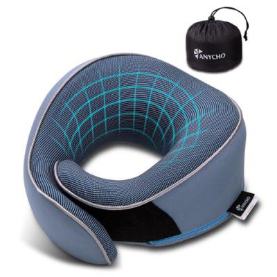 ANYCHO Neck Pillow for Travel, Memory Foam Travel Pillow for Neck Adjustable (Blue)