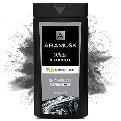 Aramusk White Charcoal Shower Gel for Men, 250ml, Face & Body Wash, With Activated White Charcoal, Germ Protection & Deep Cleansing