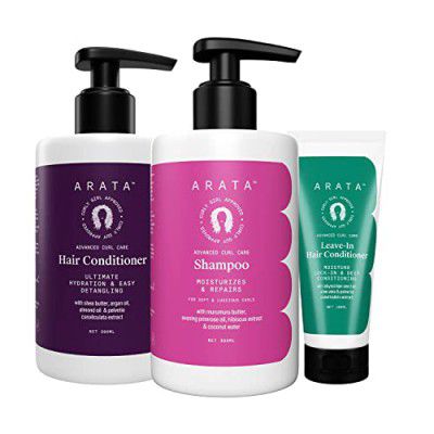 Arata Advanced Curl Care Curly Hair Combo | With Shampoo (300 ML), Rinse-Out Conditioner (300 ML) & Leave-In Conditioner (100 ML) | Hibiscus Extract, Coconut Water & Shea Butter | Conditions Curls