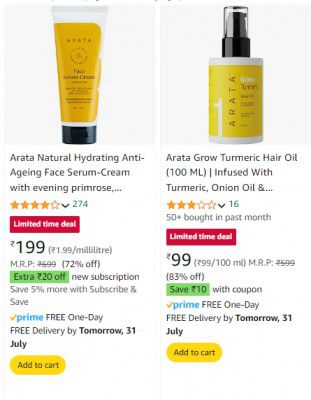 Arata Beauty Products starting @ ₹89 + ₹10 Coupon