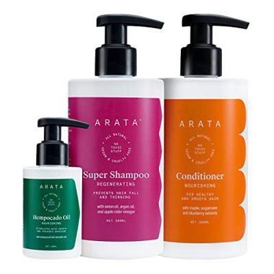 Arata Intensive Hair Fall Control Kit With 5 in 1 Anti-Hairfall Super Shampoo (300 ML), Conditioner (300 ML) & Hempocado Hair Oil (100 ML) | No Parabens & SLS | hair care kit for Women & Men