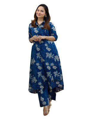 Arayna Women's Cotton Floral Printed Co-ord Set - Straight Kurta Palazzo Pants, Blue