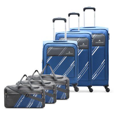 Aristocrat Trigon Hexa Set of 3 Cabin-55cm (Small) + Check-in-69cm (Medium) + Check-in-79cm (Large) & 3 Duffles (Small-52cm) for Travel | 5 Years International Warranty (Navy Blue)