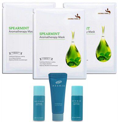 AROMA YONG Best Korean Face Sheet Mask |SPEARMINT Aromatherapy Face Masksheet Pack of 3 81gm| K-Beauty Products|Anti Acne & Face Brightening| Korean Natural Skin care| Free ACCOJE Mini Testers 10ml