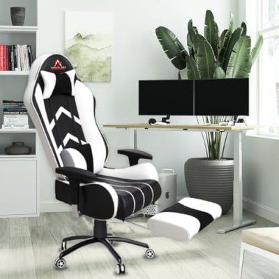 ASE GAMING Gold Series Ergonomic Gaming Chair with Footrest Premium PU Leather, Adjustable Neck & Lumbar Pillow, 180 Degree Recline with Black Metal Base (White & Black)